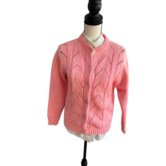 Vintage Pink Knit Cardigan Chevron Eyelet Design Button Front Women’s M - Picture 1 of 8